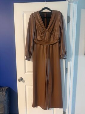 Long-Sleeve Faux-Leather Maxi Dress in Chestnut Brown